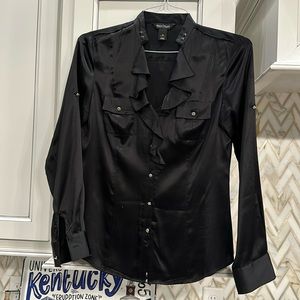 Black V-neck blouse with ruffles